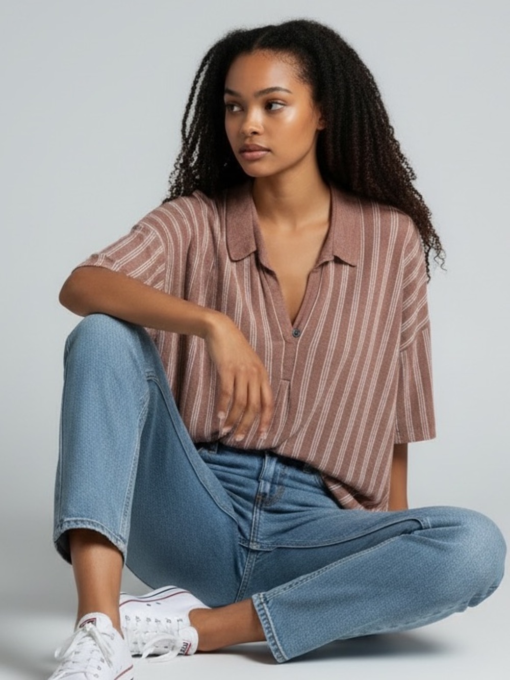 Poetry Linen Knit Shirt Sz 8 / 10 Relaxed Lagenlook Brown Striped Earthy Coastal
